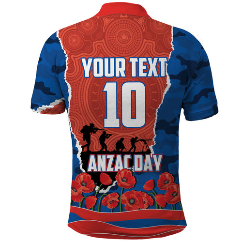 Personalized Newcastle Knights ANZAC Tribute Polo Shirt Poppy Field Soldier Silhouette Aboriginal Rugby Mascot