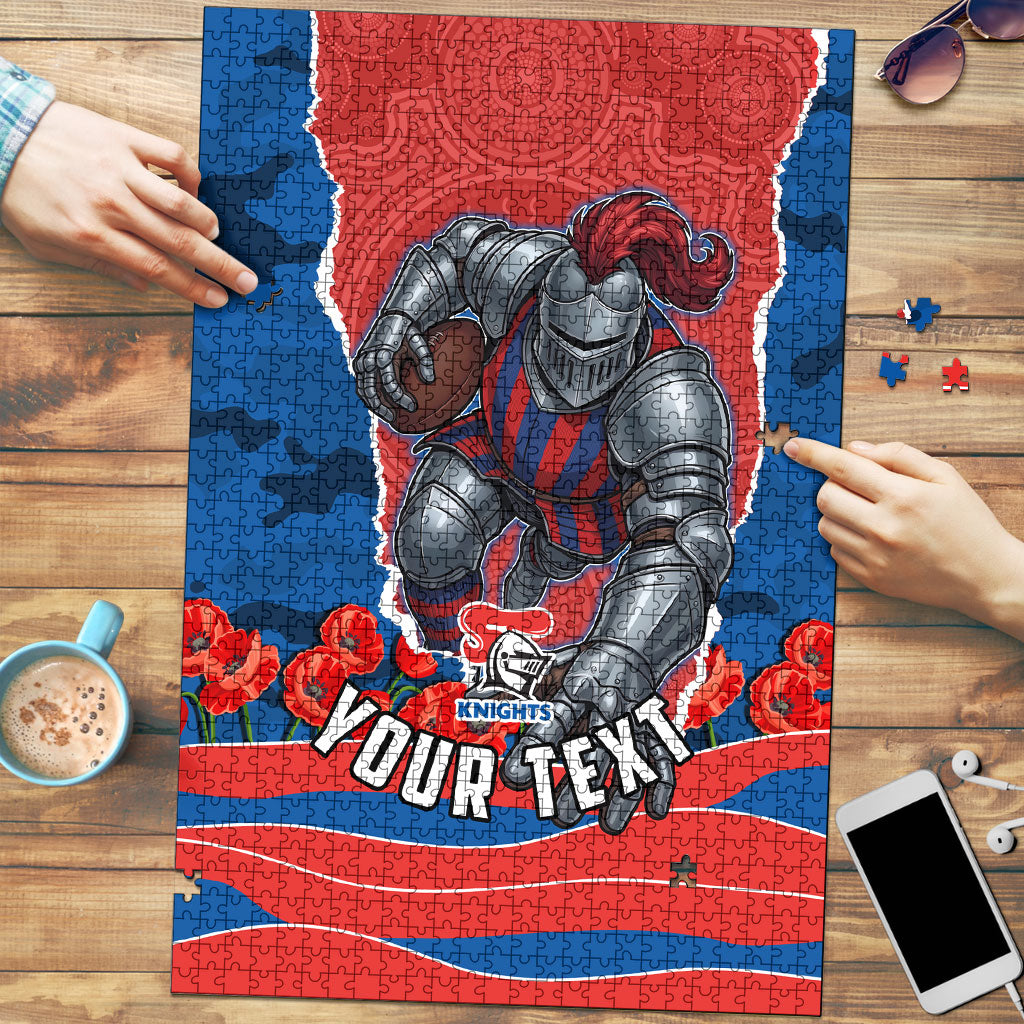 Personalized Newcastle Knights ANZAC Tribute Puzzle Poppy Field Soldier Silhouette Aboriginal Rugby Mascot
