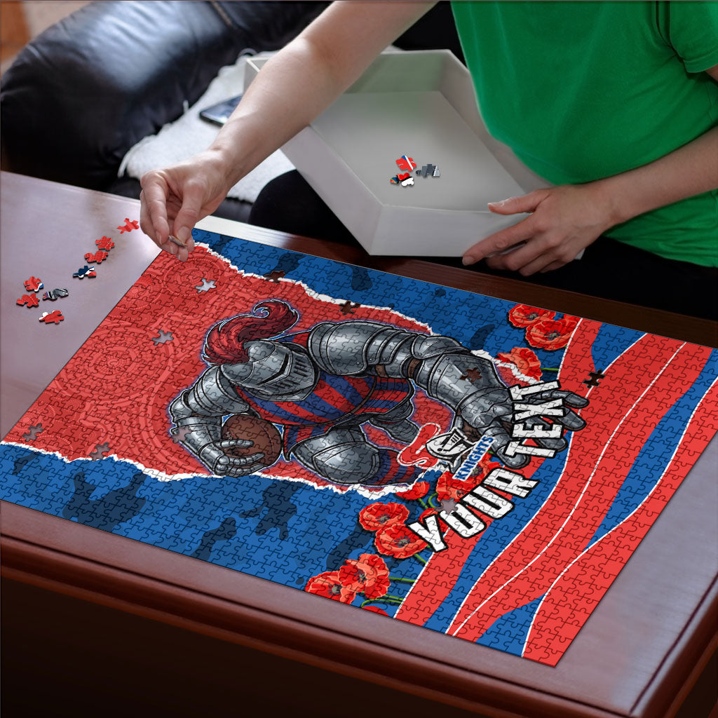 Personalized Newcastle Knights ANZAC Tribute Puzzle Poppy Field Soldier Silhouette Aboriginal Rugby Mascot