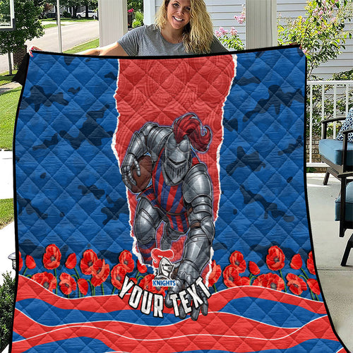 Personalized Newcastle Knights ANZAC Tribute Quilt Poppy Field Soldier Silhouette Aboriginal Rugby Mascot