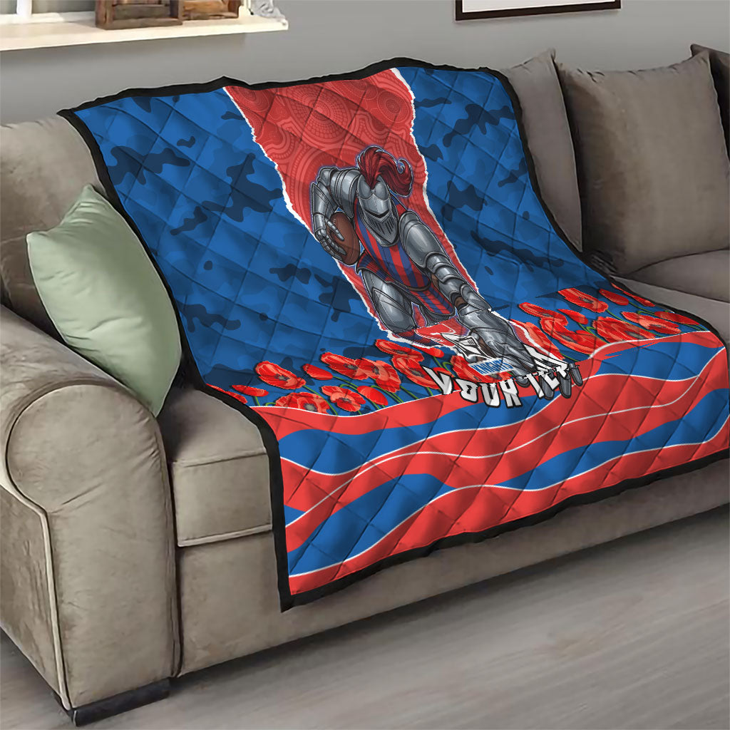 Personalized Newcastle Knights ANZAC Tribute Quilt Poppy Field Soldier Silhouette Aboriginal Rugby Mascot
