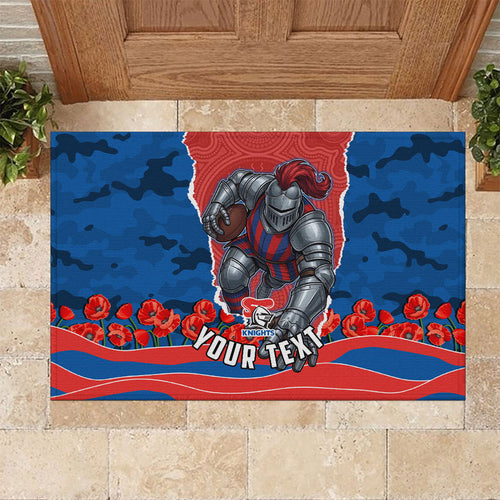 Personalized Newcastle Knights ANZAC Tribute Rubber Doormat Poppy Field Soldier Silhouette Aboriginal Rugby Mascot
