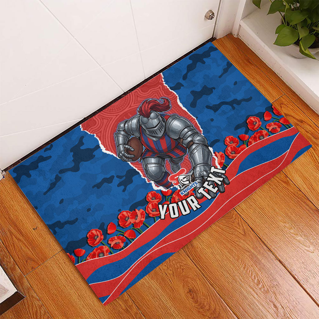 Personalized Newcastle Knights ANZAC Tribute Rubber Doormat Poppy Field Soldier Silhouette Aboriginal Rugby Mascot