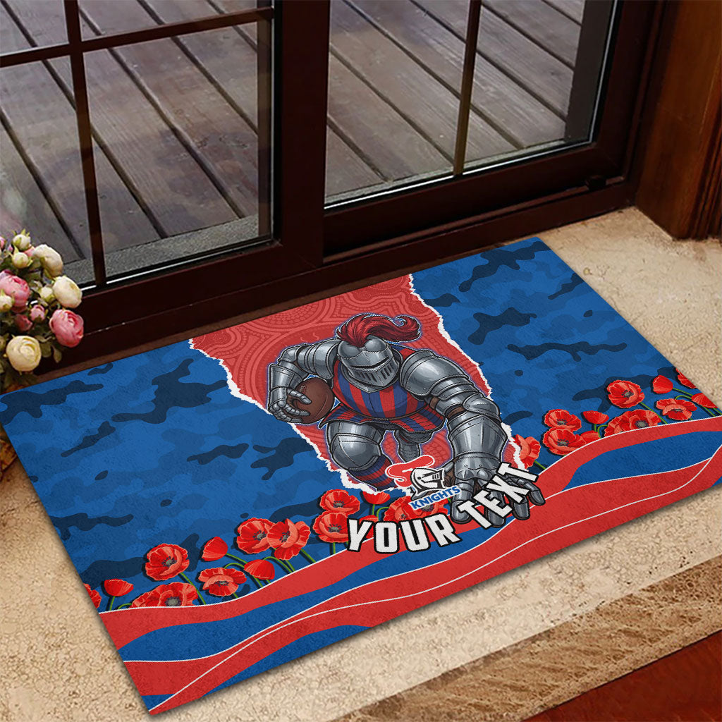 Personalized Newcastle Knights ANZAC Tribute Rubber Doormat Poppy Field Soldier Silhouette Aboriginal Rugby Mascot