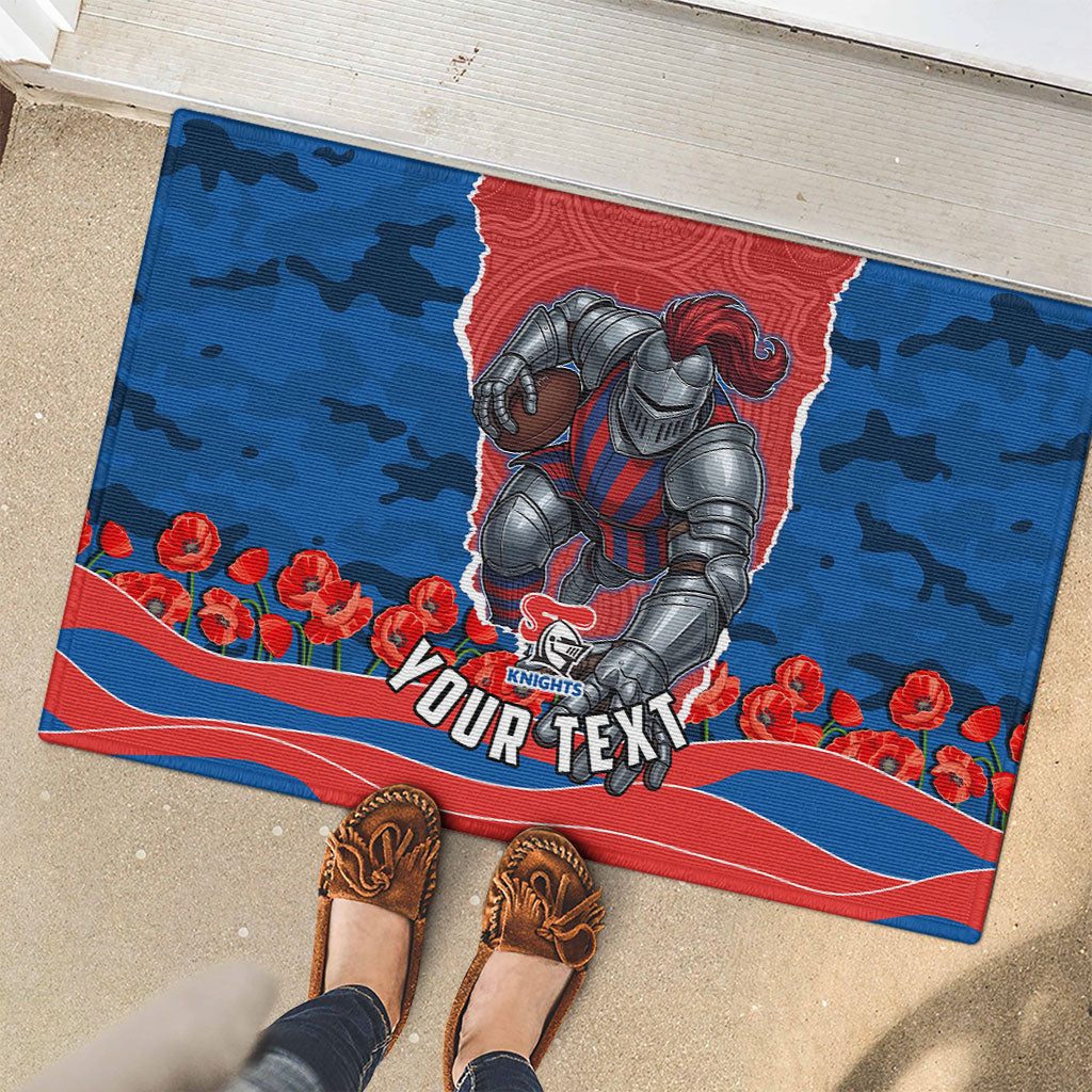Personalized Newcastle Knights ANZAC Tribute Rubber Doormat Poppy Field Soldier Silhouette Aboriginal Rugby Mascot