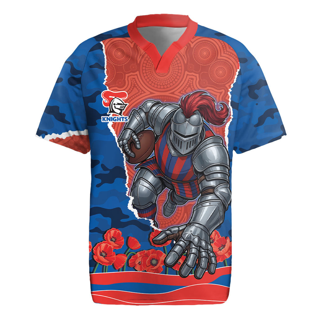 Personalized Newcastle Knights ANZAC Tribute Rugby Jersey Poppy Field Soldier Silhouette Aboriginal Rugby Mascot