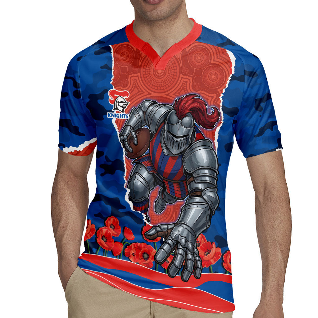 Personalized Newcastle Knights ANZAC Tribute Rugby Jersey Poppy Field Soldier Silhouette Aboriginal Rugby Mascot