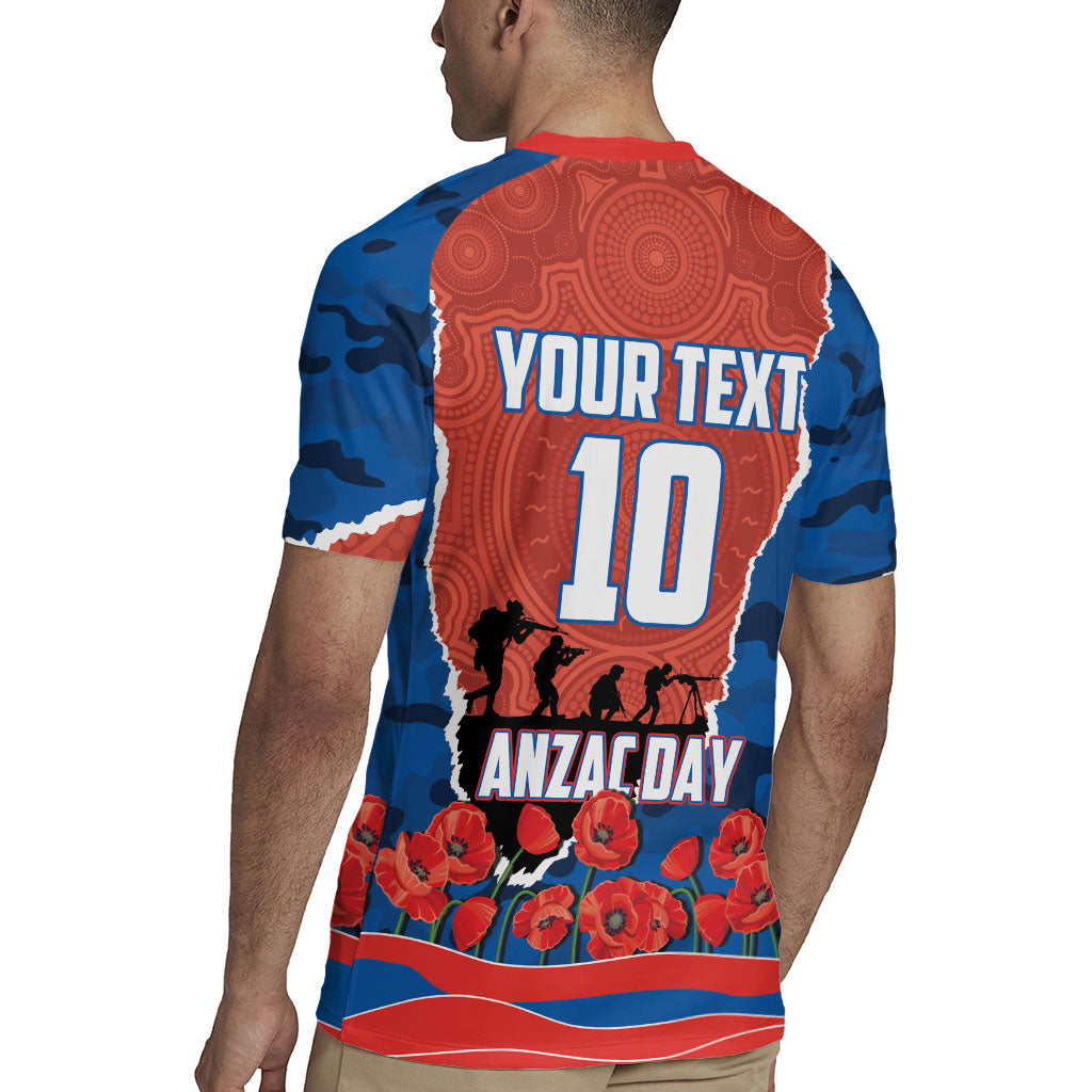 Personalized Newcastle Knights ANZAC Tribute Rugby Jersey Poppy Field Soldier Silhouette Aboriginal Rugby Mascot