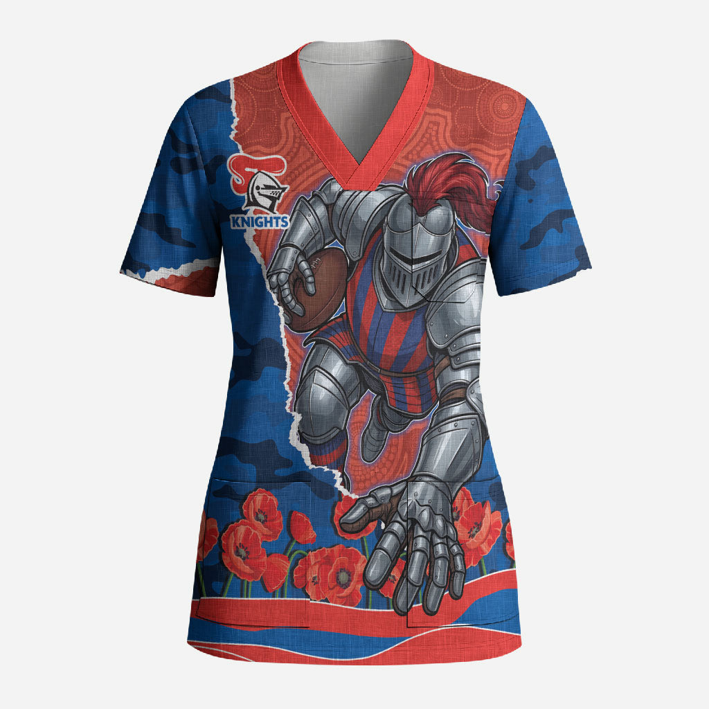Personalized Newcastle Knights ANZAC Tribute Scrub Top Poppy Field Soldier Silhouette Aboriginal Rugby Mascot