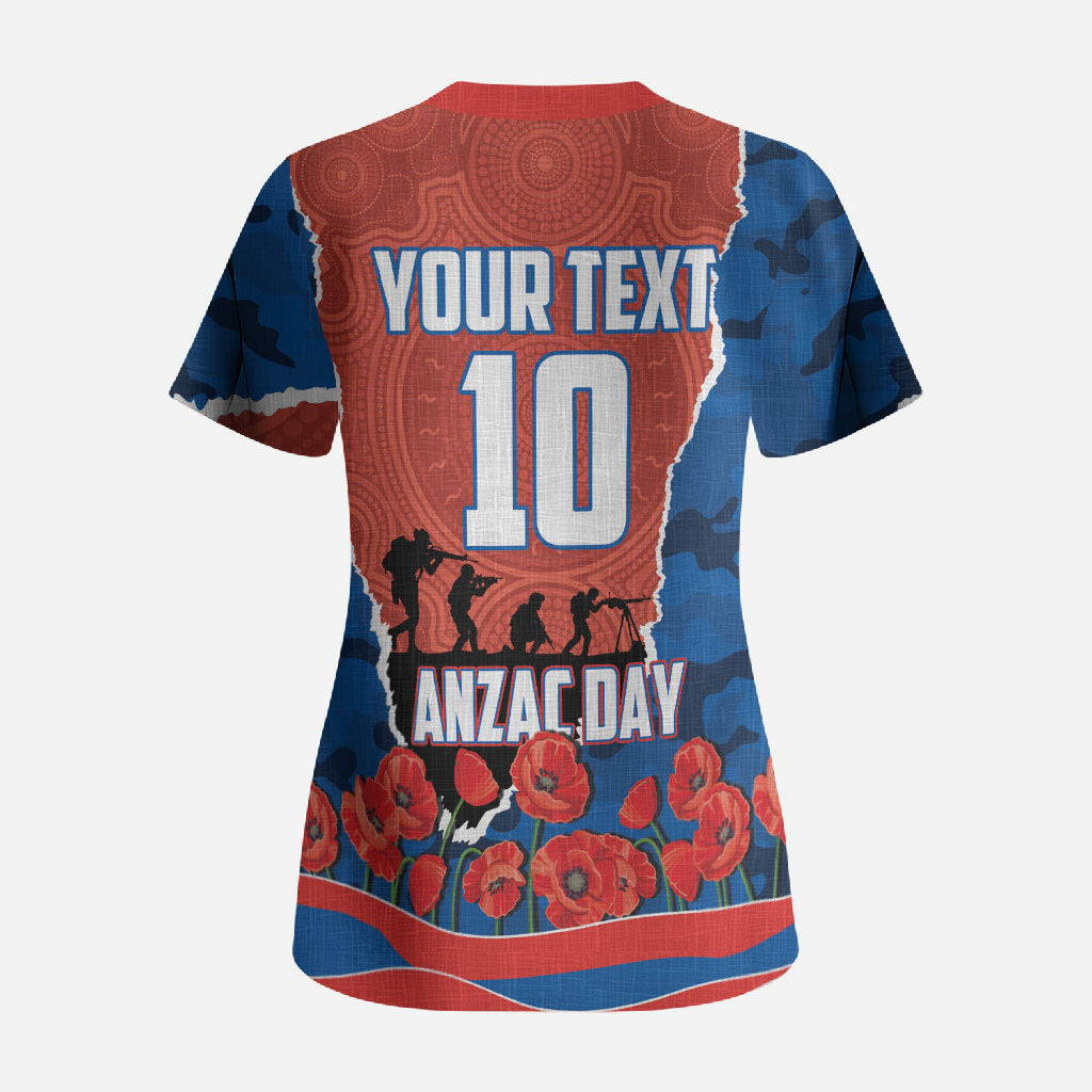 Personalized Newcastle Knights ANZAC Tribute Scrub Top Poppy Field Soldier Silhouette Aboriginal Rugby Mascot