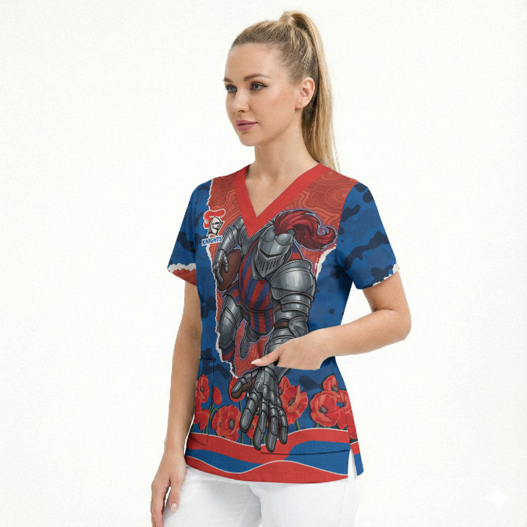 Personalized Newcastle Knights ANZAC Tribute Scrub Top Poppy Field Soldier Silhouette Aboriginal Rugby Mascot
