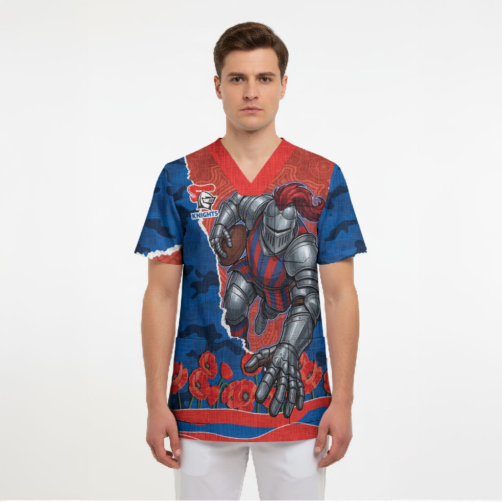 Personalized Newcastle Knights ANZAC Tribute Scrub Top Poppy Field Soldier Silhouette Aboriginal Rugby Mascot
