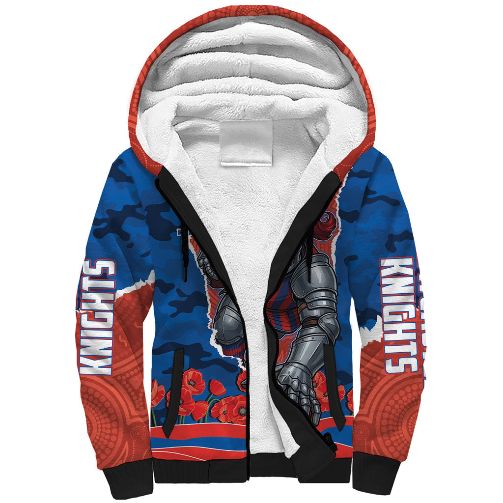 Personalized Newcastle Knights ANZAC Tribute Sherpa Hoodie Poppy Field Soldier Silhouette Aboriginal Rugby Mascot
