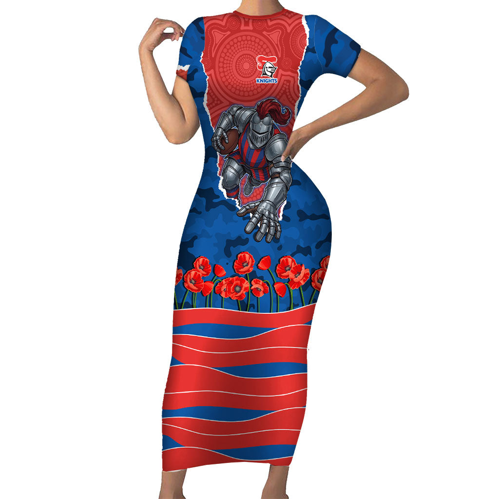 Personalized Newcastle Knights ANZAC Tribute Short Sleeve Bodycon Dress Poppy Field Soldier Silhouette Aboriginal Rugby Mascot