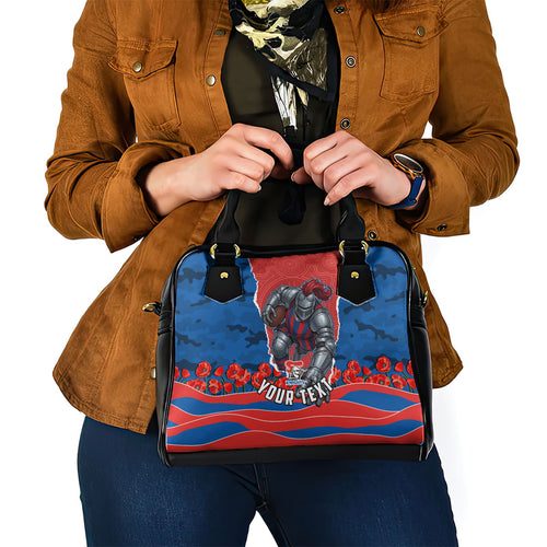Personalized Newcastle Knights ANZAC Tribute Shoulder Handbag Poppy Field Soldier Silhouette Aboriginal Rugby Mascot