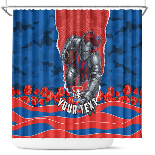 Personalized Newcastle Knights ANZAC Tribute Shower Curtain Poppy Field Soldier Silhouette Aboriginal Rugby Mascot