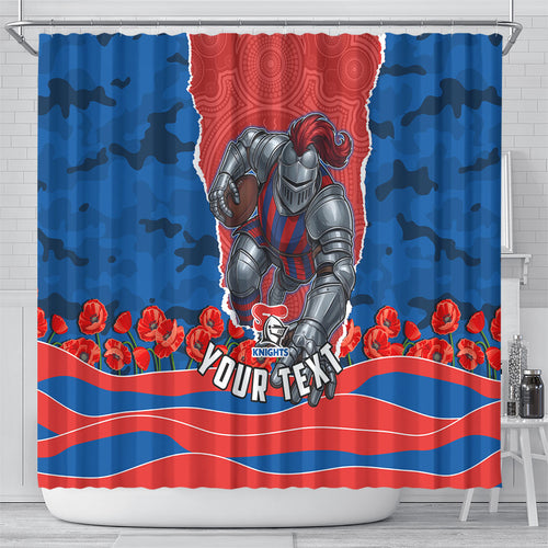 Personalized Newcastle Knights ANZAC Tribute Shower Curtain Poppy Field Soldier Silhouette Aboriginal Rugby Mascot