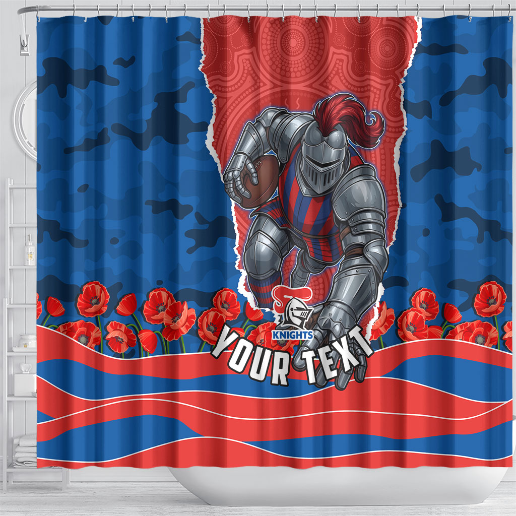 Personalized Newcastle Knights ANZAC Tribute Shower Curtain Poppy Field Soldier Silhouette Aboriginal Rugby Mascot