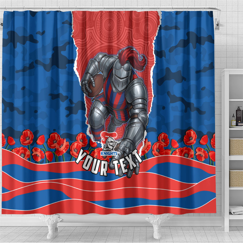 Personalized Newcastle Knights ANZAC Tribute Shower Curtain Poppy Field Soldier Silhouette Aboriginal Rugby Mascot