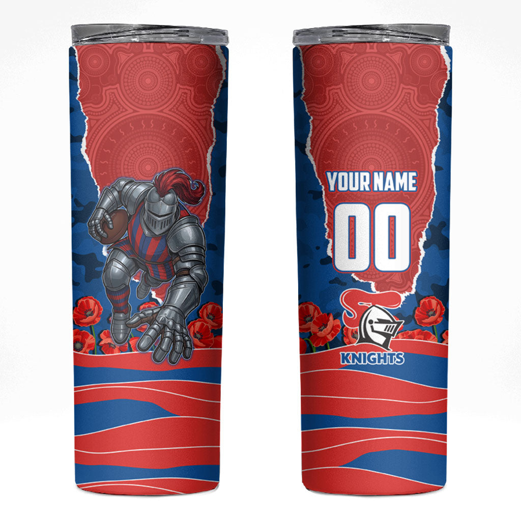 Personalized Newcastle Knights ANZAC Tribute Skinny Tumbler Poppy Field Soldier Silhouette Aboriginal Rugby Mascot