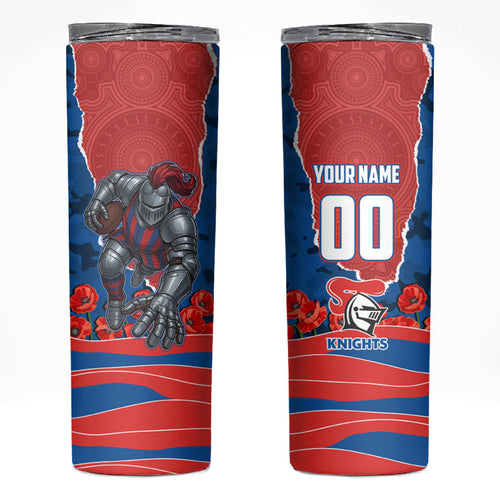 Personalized Newcastle Knights ANZAC Tribute Skinny Tumbler Poppy Field Soldier Silhouette Aboriginal Rugby Mascot