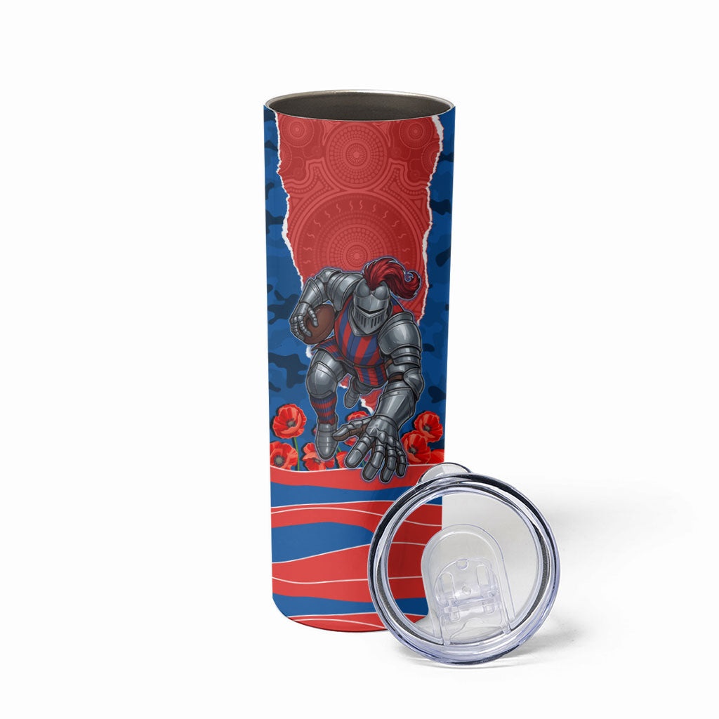 Personalized Newcastle Knights ANZAC Tribute Skinny Tumbler Poppy Field Soldier Silhouette Aboriginal Rugby Mascot