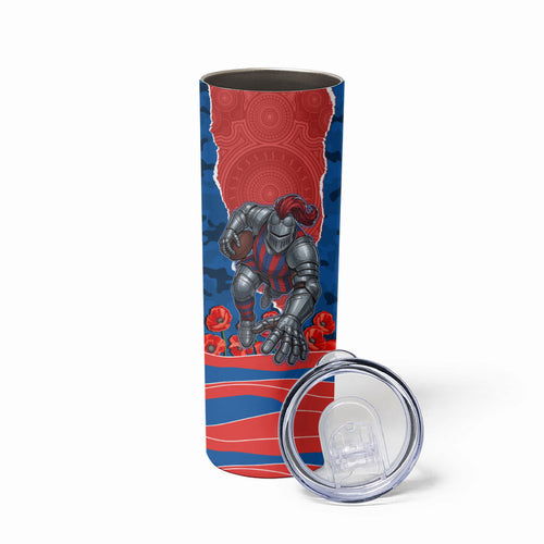 Personalized Newcastle Knights ANZAC Tribute Skinny Tumbler Poppy Field Soldier Silhouette Aboriginal Rugby Mascot