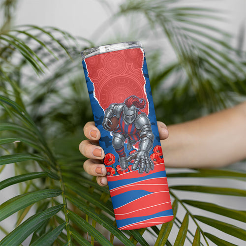 Personalized Newcastle Knights ANZAC Tribute Skinny Tumbler Poppy Field Soldier Silhouette Aboriginal Rugby Mascot