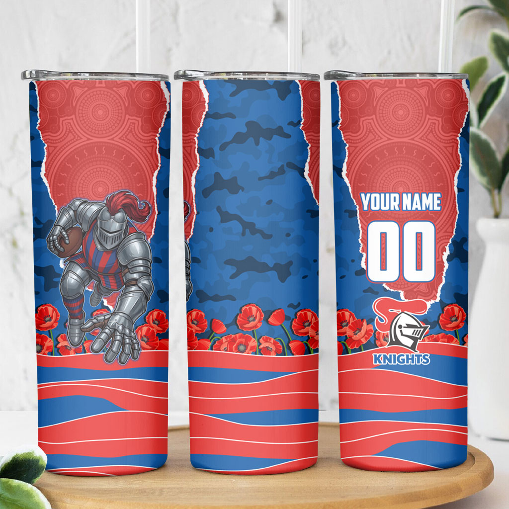 Personalized Newcastle Knights ANZAC Tribute Skinny Tumbler Poppy Field Soldier Silhouette Aboriginal Rugby Mascot