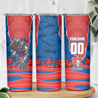 Personalized Newcastle Knights ANZAC Tribute Skinny Tumbler Poppy Field Soldier Silhouette Aboriginal Rugby Mascot