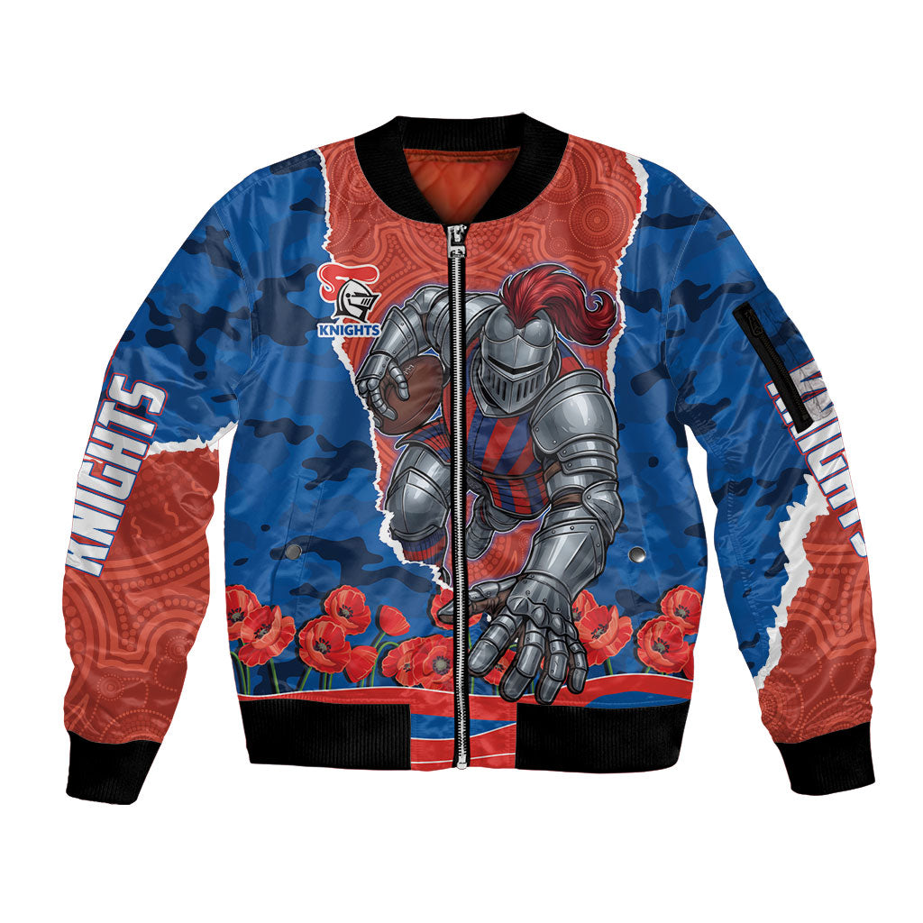 Personalized Newcastle Knights ANZAC Tribute Sleeve Zip Bomber Jacket Poppy Field Soldier Silhouette Aboriginal Rugby Mascot