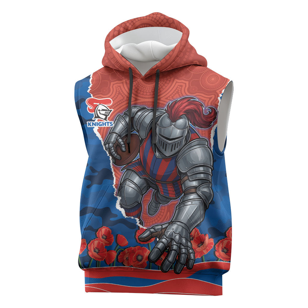 Personalized Newcastle Knights ANZAC Tribute Sleeveless Hoodie Poppy Field Soldier Silhouette Aboriginal Rugby Mascot