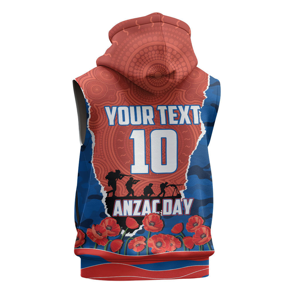 Personalized Newcastle Knights ANZAC Tribute Sleeveless Hoodie Poppy Field Soldier Silhouette Aboriginal Rugby Mascot