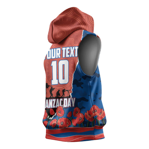 Personalized Newcastle Knights ANZAC Tribute Sleeveless Hoodie Poppy Field Soldier Silhouette Aboriginal Rugby Mascot