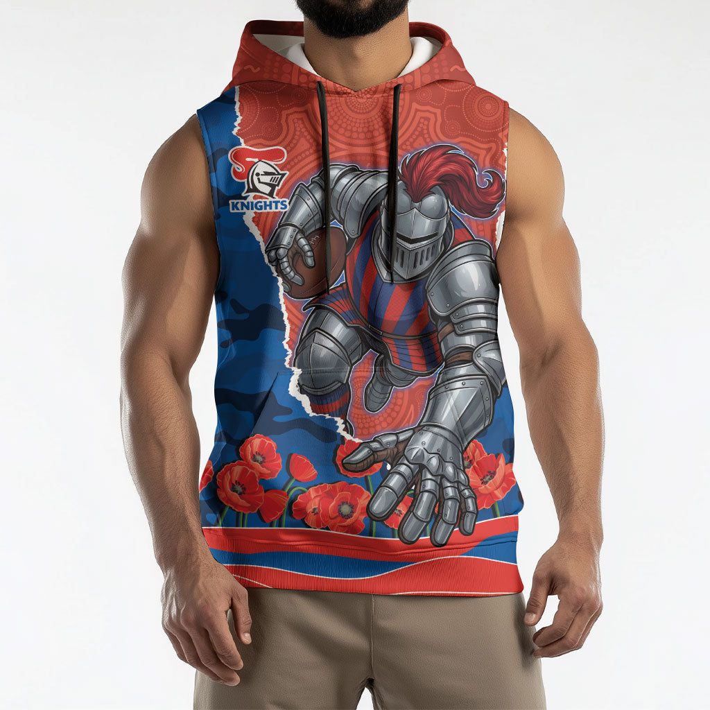 Personalized Newcastle Knights ANZAC Tribute Sleeveless Hoodie Poppy Field Soldier Silhouette Aboriginal Rugby Mascot