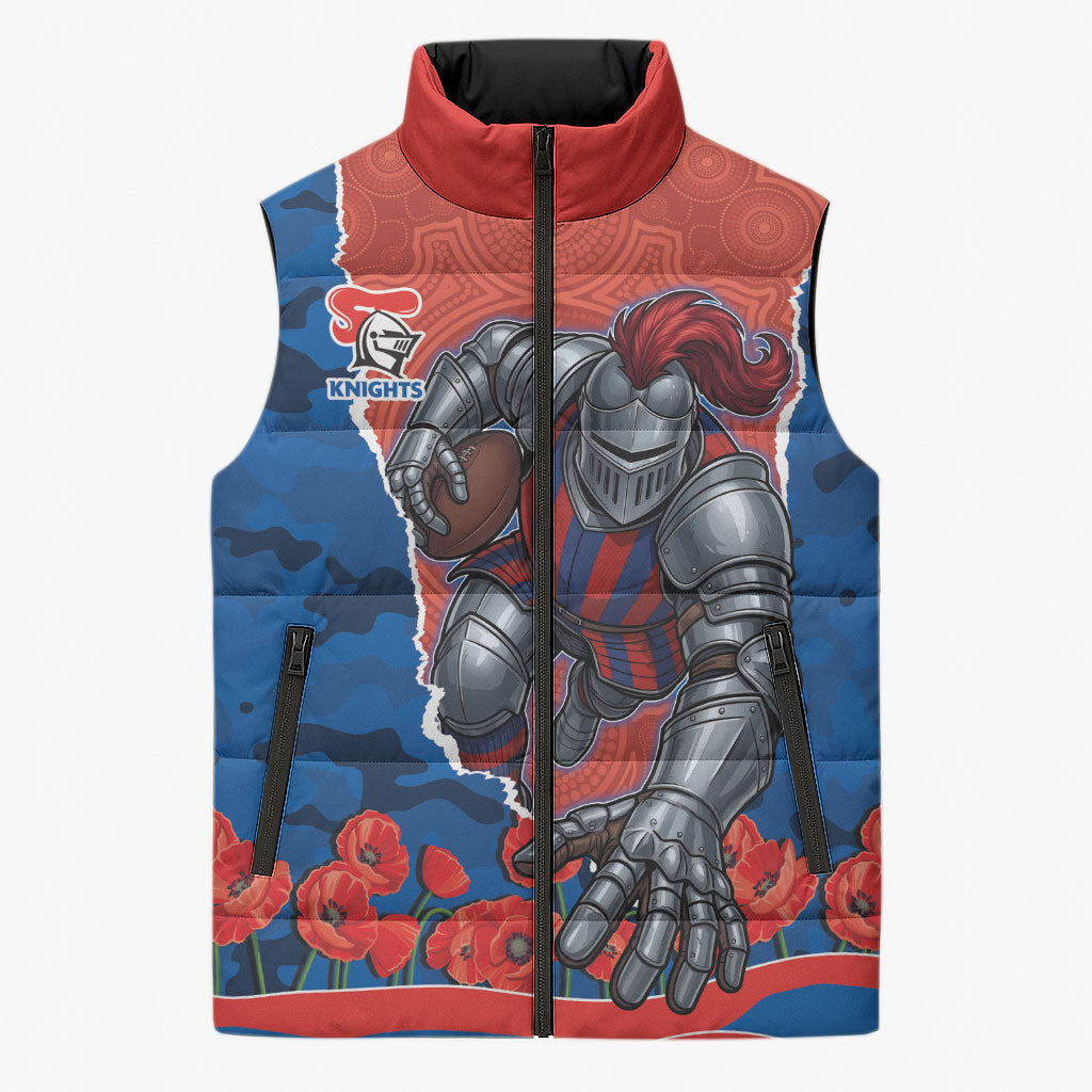 Personalized Newcastle Knights ANZAC Tribute Sleeveless Puffer Jacket Poppy Field Soldier Silhouette Aboriginal Rugby Mascot