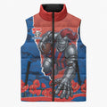 Personalized Newcastle Knights ANZAC Tribute Sleeveless Puffer Jacket Poppy Field Soldier Silhouette Aboriginal Rugby Mascot