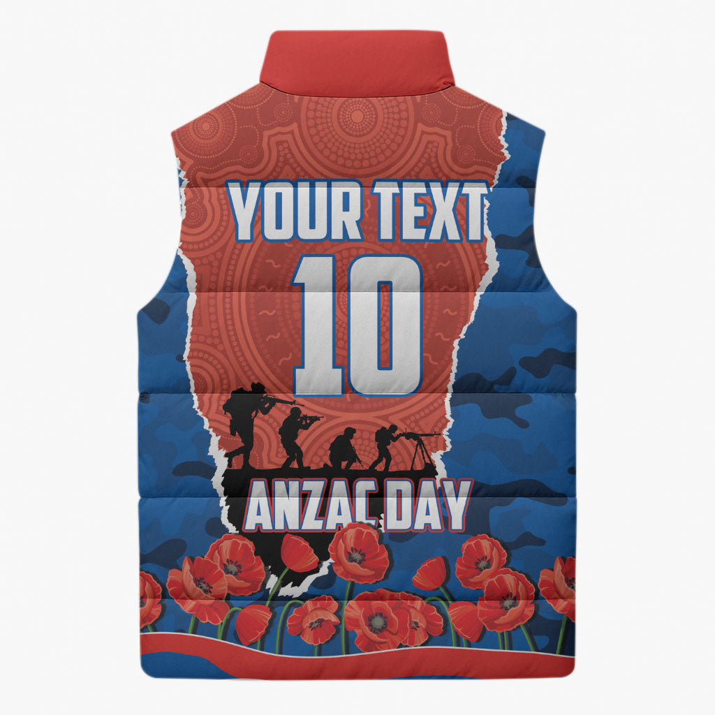Personalized Newcastle Knights ANZAC Tribute Sleeveless Puffer Jacket Poppy Field Soldier Silhouette Aboriginal Rugby Mascot