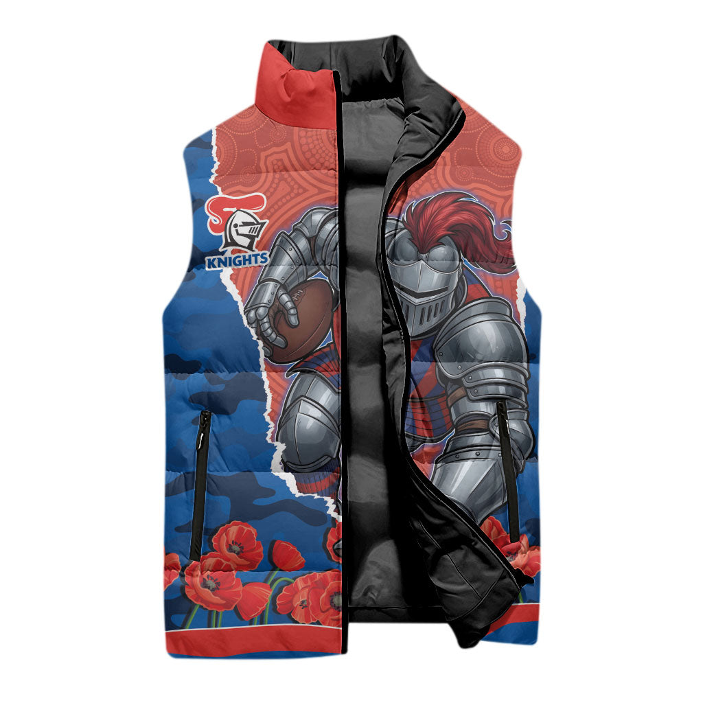 Personalized Newcastle Knights ANZAC Tribute Sleeveless Puffer Jacket Poppy Field Soldier Silhouette Aboriginal Rugby Mascot