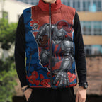 Personalized Newcastle Knights ANZAC Tribute Sleeveless Puffer Jacket Poppy Field Soldier Silhouette Aboriginal Rugby Mascot