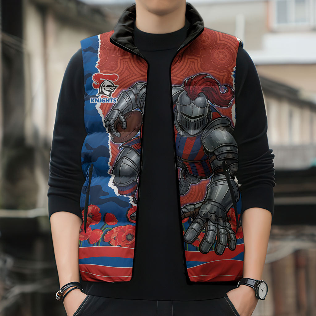 Personalized Newcastle Knights ANZAC Tribute Sleeveless Puffer Jacket Poppy Field Soldier Silhouette Aboriginal Rugby Mascot