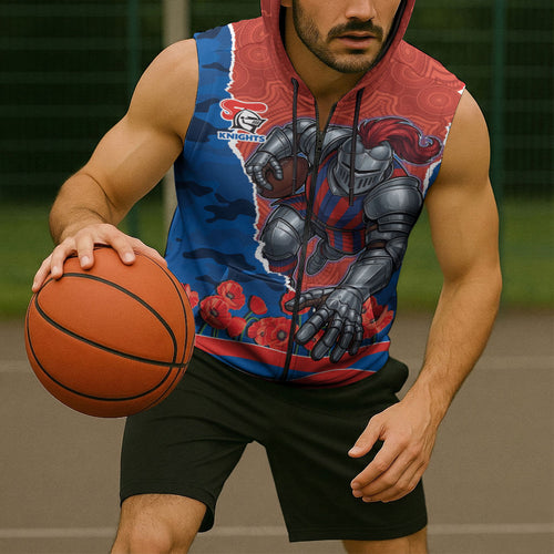 Personalized Newcastle Knights ANZAC Tribute Sleeveless Zip Hoodie Poppy Field Soldier Silhouette Aboriginal Rugby Mascot
