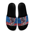 Personalized Newcastle Knights ANZAC Tribute Slide Sandals Poppy Field Soldier Silhouette Aboriginal Rugby Mascot
