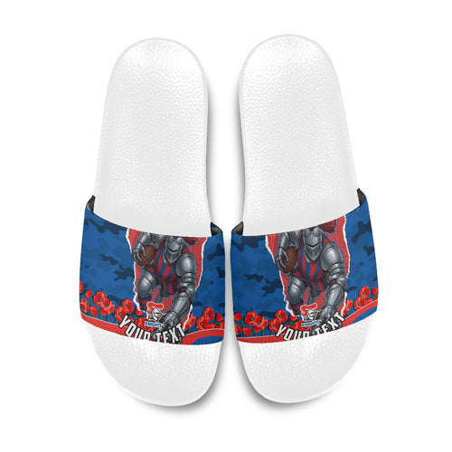 Personalized Newcastle Knights ANZAC Tribute Slide Sandals Poppy Field Soldier Silhouette Aboriginal Rugby Mascot