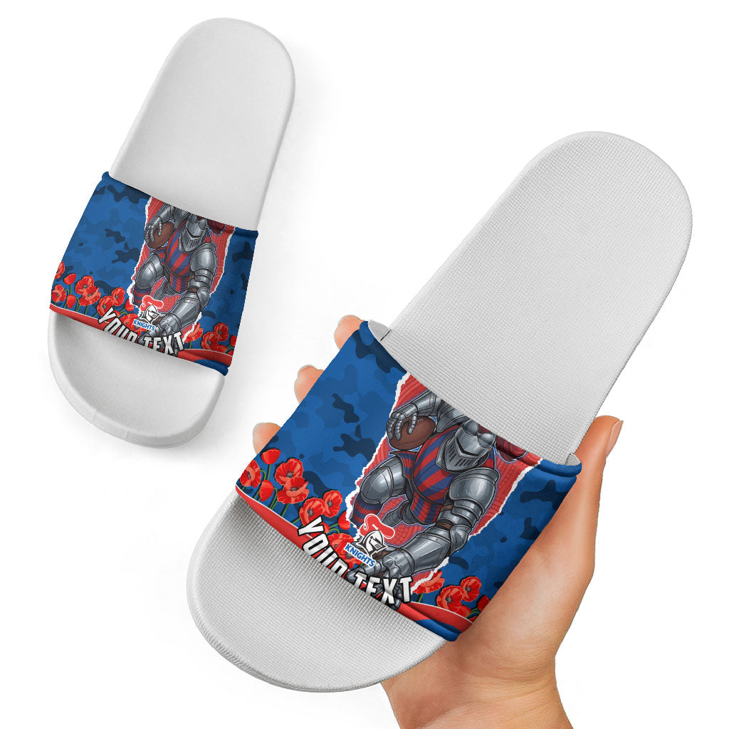 Personalized Newcastle Knights ANZAC Tribute Slide Sandals Poppy Field Soldier Silhouette Aboriginal Rugby Mascot