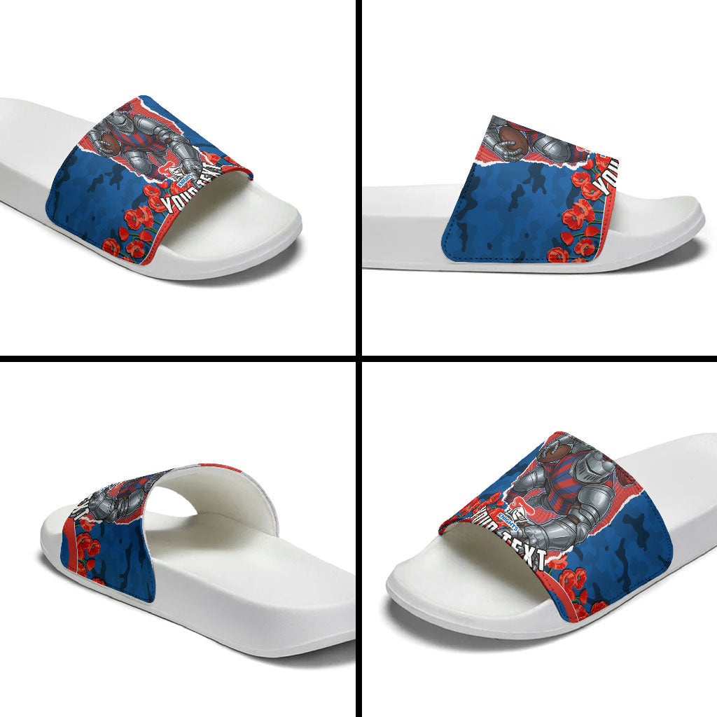 Personalized Newcastle Knights ANZAC Tribute Slide Sandals Poppy Field Soldier Silhouette Aboriginal Rugby Mascot