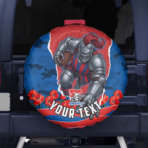 Personalized Newcastle Knights ANZAC Tribute Spare Tire Cover Poppy Field Soldier Silhouette Aboriginal Rugby Mascot