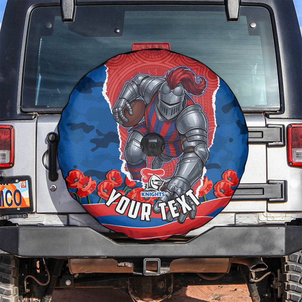 Personalized Newcastle Knights ANZAC Tribute Spare Tire Cover Poppy Field Soldier Silhouette Aboriginal Rugby Mascot