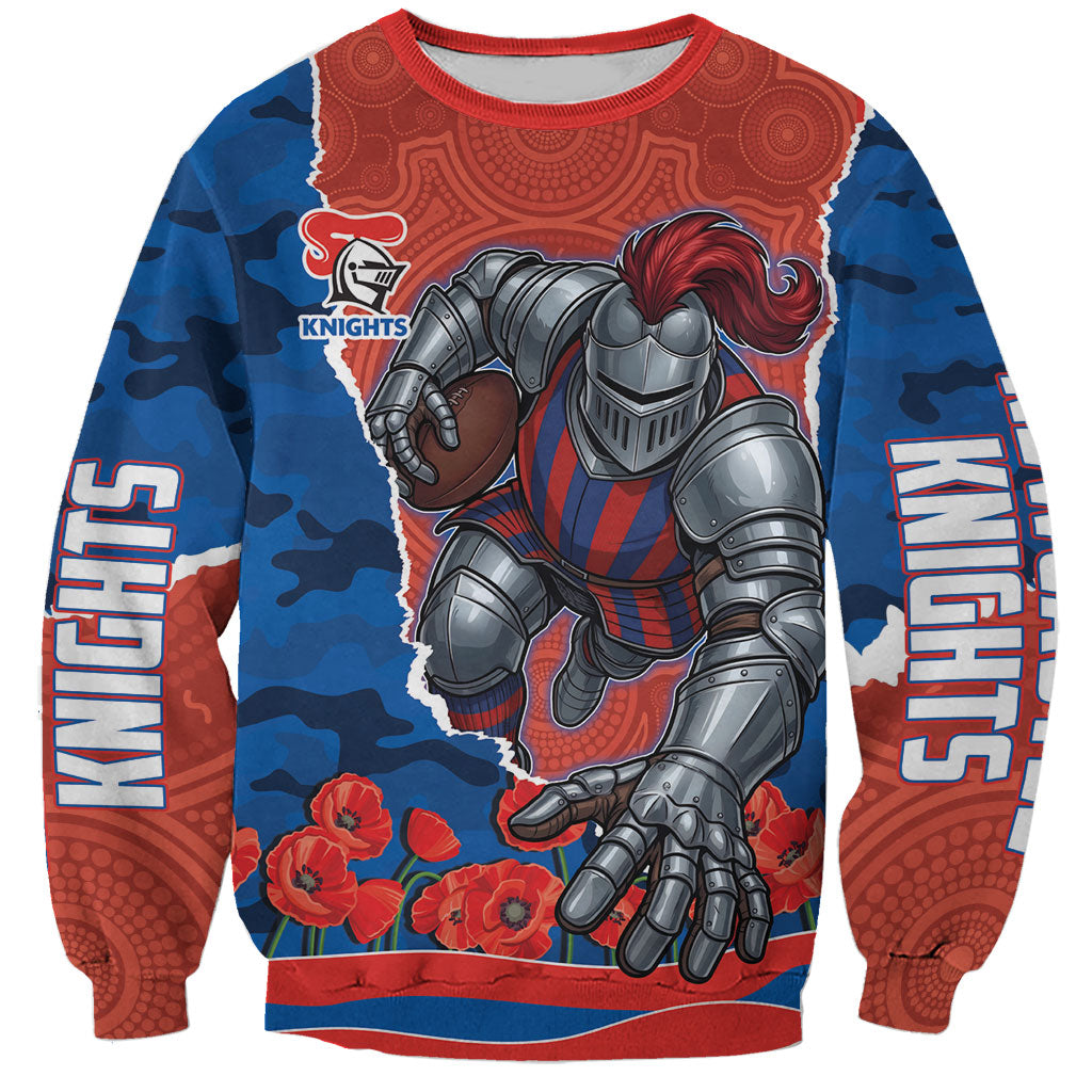 Personalized Newcastle Knights ANZAC Tribute Sweatshirt Poppy Field Soldier Silhouette Aboriginal Rugby Mascot
