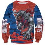 Personalized Newcastle Knights ANZAC Tribute Sweatshirt Poppy Field Soldier Silhouette Aboriginal Rugby Mascot